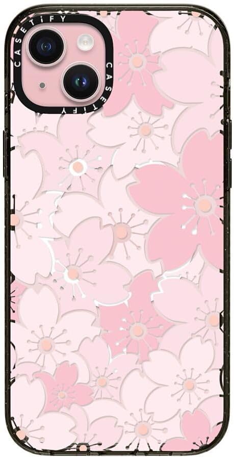 CASETiFY Impact Case for iPhone 15 Plus [8.2ft 4X Military Grade Drop Protection/Compatible with Magsafe] - Pink Sakura Bloom - Clear Black