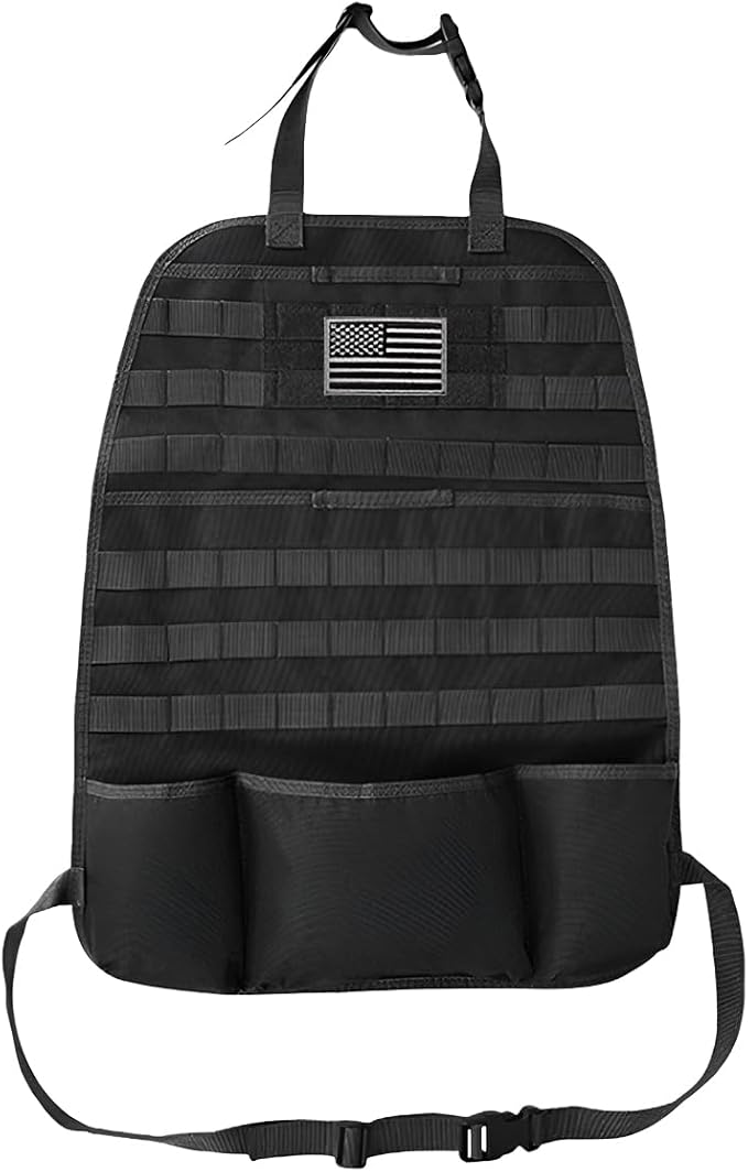 Tactical Molle Car Seat Back Organizer, Vehicle Panel Car Seat Back Cover Protector with 5 Storage Pouch, Universal Backseat Storage Organizer with USA Flag Patch for Car SUV Truck MPV (Black-1 Pc)