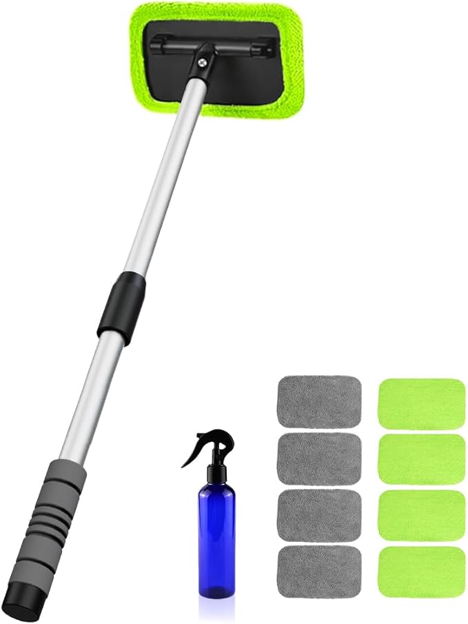 XINDELL Windshield Cleaning Tool for Car – 27inch Extendable Handle Window Cleaner with Reusable Microfiber Pads, Streak-Free Interior & Exterior Auto Glass Cleaner (Green)