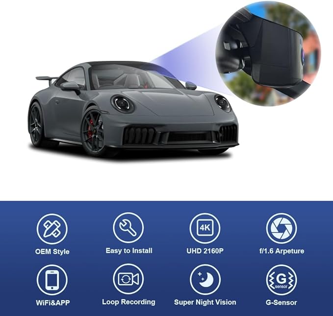 Fitcamx 4K Dash Cam for 2025-2026 Porsche 911 & 911 GT3 RS & Turbo S (992.5) Cabriolet Coupe, OEM Factory Look, UHD 2160P Video, WiFi & APP, Loop Recording, Parking Mode, Easy to Install, 64GB Card