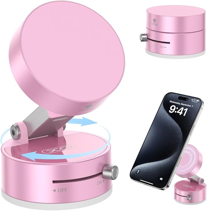 Vacuum Magnetic Suction Phone Holder,Upgraded 360° Adjustable Suction Cup Car Phone Mount,Hands-Free Cell Phone Holder for Car/Gym/Mirror/Smooth Surface,Compatible with iPhone 16/15/14/13/12 （Pink)
