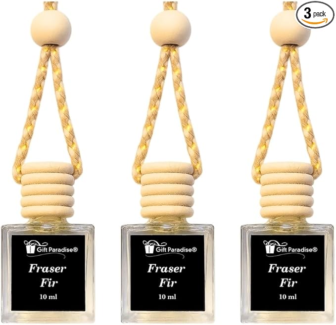 Fraser Fir – Gift Paradise® Hanging Car Freshener Set of 3 (10 ml Each), Wooden Cap Diffuser, Long-Lasting Pine & Evergreen Scent for Car, Closet & Office