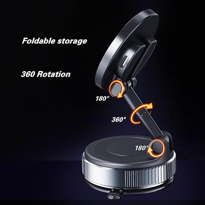 Magnetic Wireless Car Charger Mount with Vacuum Suction – 360° Adjustable & Foldable Dashboard/Windshield Phone Holder – MagSafe Compatible for iPhone & Samsung