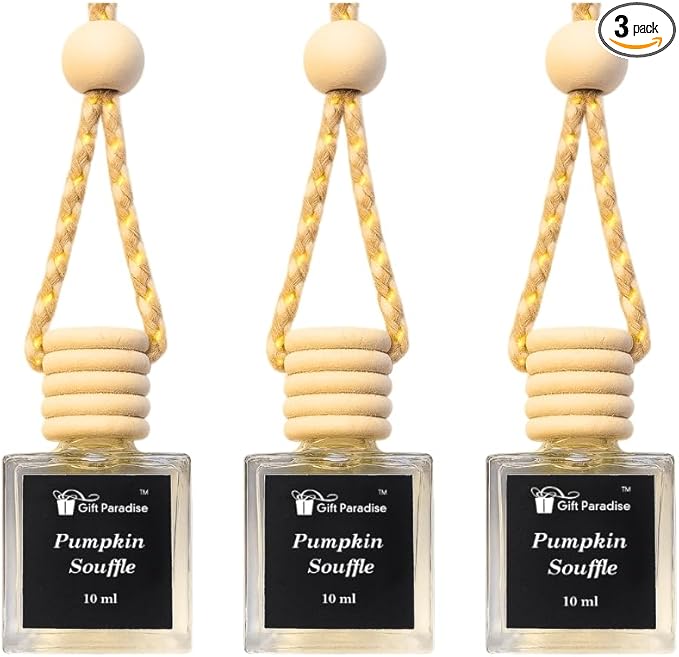 Pumpkin Soufflé Car Air Freshener Set of 3 (10 ml Each) by Gift Paradise – Warm Baked Fall Scent for Car, Home & Office – Handcrafted | Velvet Gift Bag | Long-Lasting Premium Oil