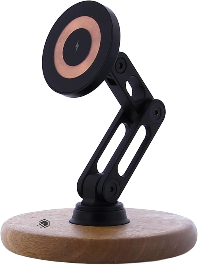 ClikDock Cell Phone Magnetic Wireless Charger Stand, 360° Spin, Aluminum Construction, Compatible with MagSafe Phones for iPhone & Andriod (Oak Wood)