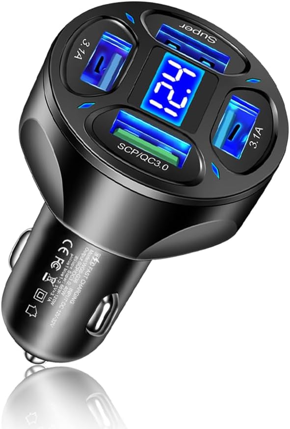 Car Charger,4 Ports Fast Car Charger with Plug Outlet/LED Voltmeter/QC3.0/Super Port,Universal Car Accessories Cigarette Lighter USB Charger Compatible with Android,Samsung Galaxy(QC3.0/Super)