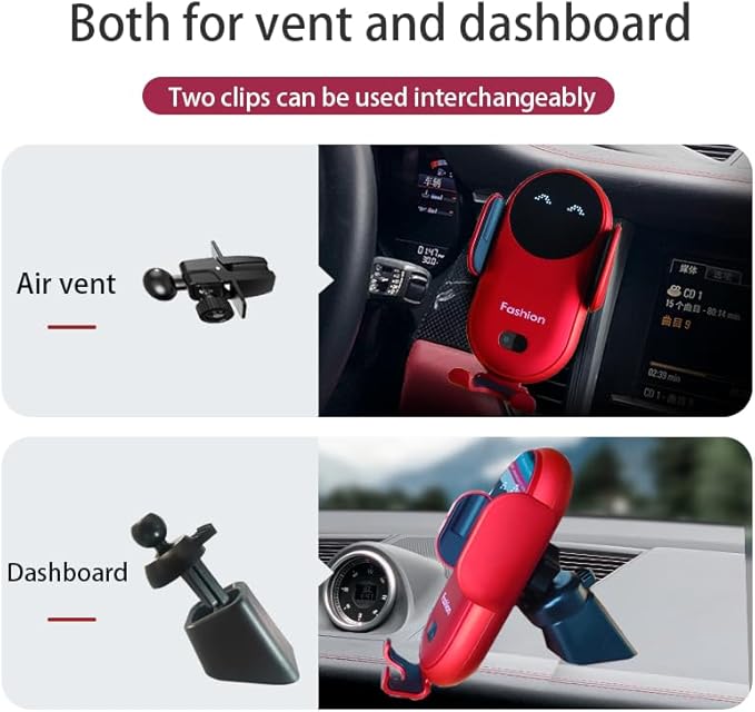 Wireless Car Charger Mount, Cute Car Phone Holder, Automatic Clamping Air Vent Dashboard Smart Phone Holder for iPhone 15/14/13/12/11//XS/XR/8, Samsung S23/22/21/20/Note 20, etc (Red)