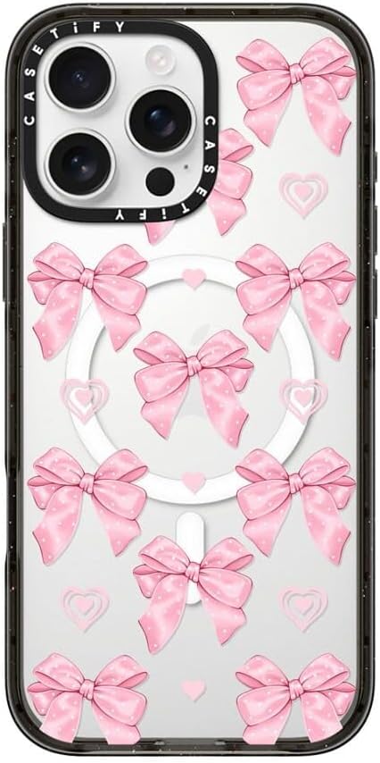 CASETiFY Impact Case for iPhone 16 Pro Max [Slim / 8.2 ft. 4X Military Grade Drop Protection/Compatible with Magsafe] - Pink Bows - Clear Black