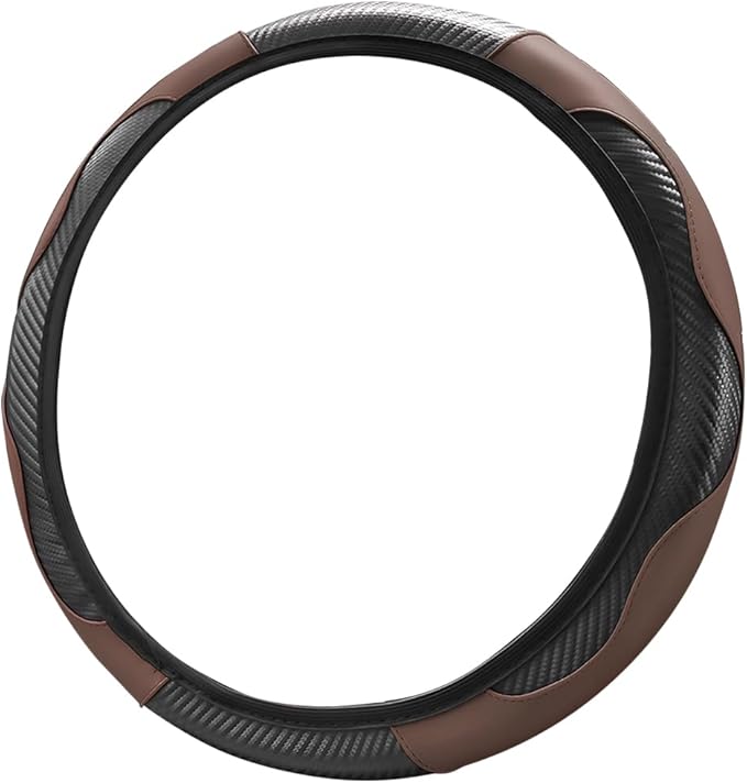 Car Steering Wheel Cover, 15 Inch PU Leather Carbon Fiber Elastic Stretch Without Inner Ring, Breathable Anti-Slip Auto Steering Wheel Protector for Women Men, Universal for Most Cars (Coffee)