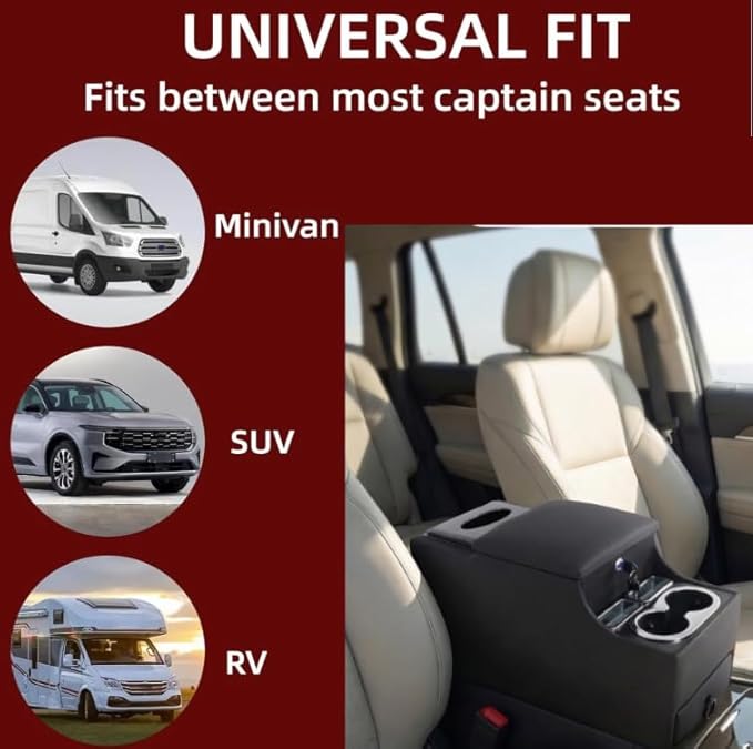 time secret Universal Center Console Between Seat for Minivans, SUVs, Middle Van Console Floor Console Organizer Storage Box (with Locking&Tissue Box Design)