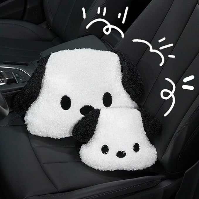 Cute Car Headrest & Lumbar Support Seat Cushion Adorable Black & White Dog Pattern, Comfortable & Durable Accessories Pillow, Set Includes 1Headrest &1 Lumbar Support