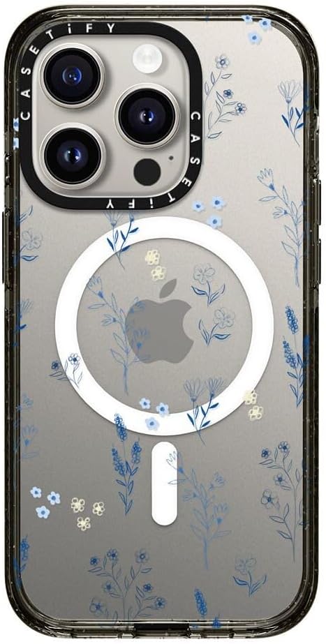 CASETiFY Impact Case for iPhone 15 Pro [4X Military Grade Drop Tested / 8.2ft Drop Protection/Compatible with Magsafe] - Small Blue Flowers - Clear Black