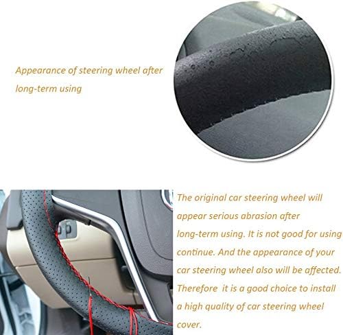 Onerbuy Universal Leather Car Steering Wheel Stitch On Wrap Cover DIY Sewing Breathable and Anti Slip, 15-Inch (Black with Red)