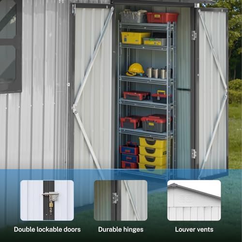 10 x 8 FT Outdoor Storage Shed, Metal Garden Tool Shed with Slooping Roof, Lockable Doors and Windows, Easy to Assemble for Garden, Patio, Lawn, White+Yellow