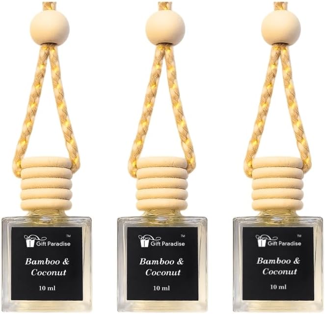 Gift Paradise® Bamboo & Coconut Car Air Freshener Set of 3 – 10 ml Hanging Diffusers with Wooden Cap, Clean Spa Coconut Scent for Car, Closet & Office, Long Lasting – Premium Magnetic Gift Box