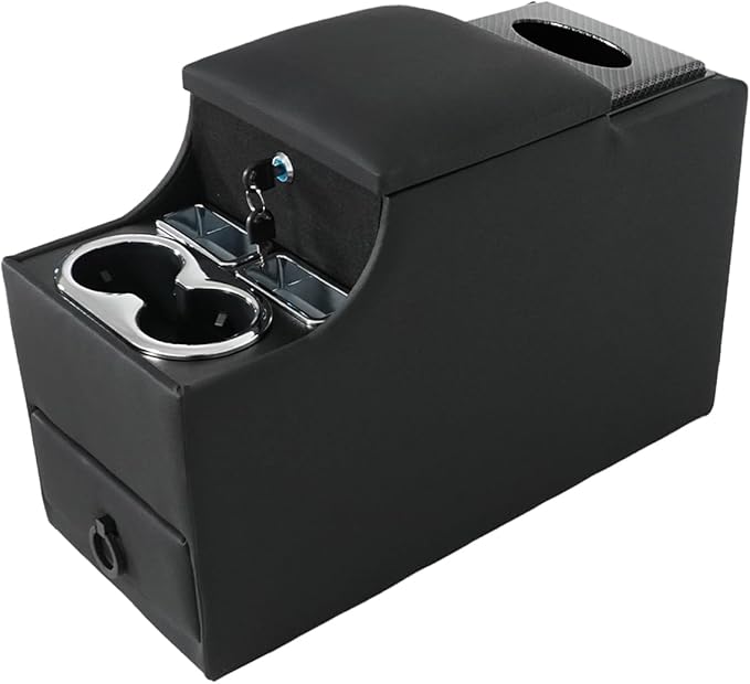 time secret Universal Center Console Between Seat for Minivans, SUVs, Middle Van Console Floor Console Organizer Storage Box (with Locking&Tissue Box Design)