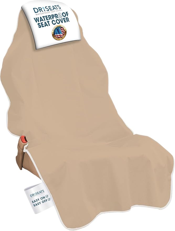 Dri Seats Waterproof Car Seat Cover – Premium Sweat Towel with Slip Resistant Backing for Front Seats in Cars, Trucks, SUVs – Universal Seat Covers & Liner, Easy Install (Tan, Large)
