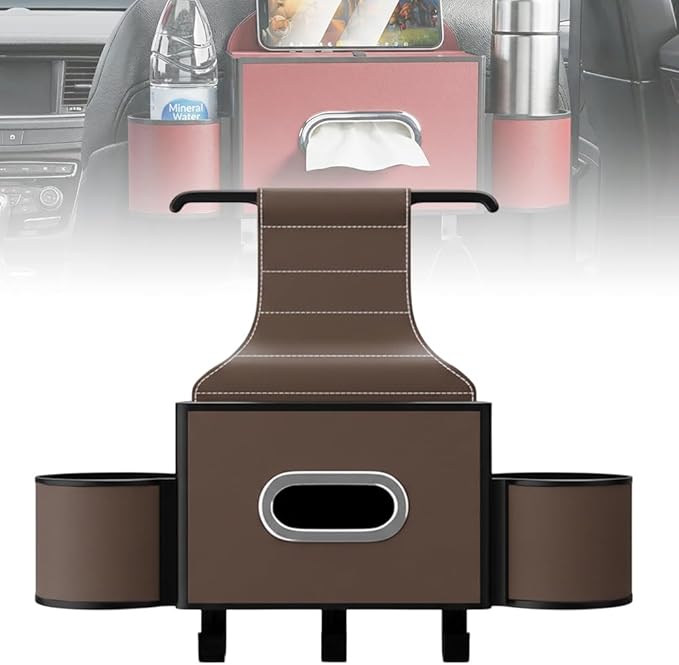 3-in-1 Car Backseat Organizer with Cup Holder, Tissue Box, Trash Bin & Hooks,Multifunctional Back Seat Car Organizer for Hold Phones,Snacks,Drinks,and Handbags (A-Coffee)