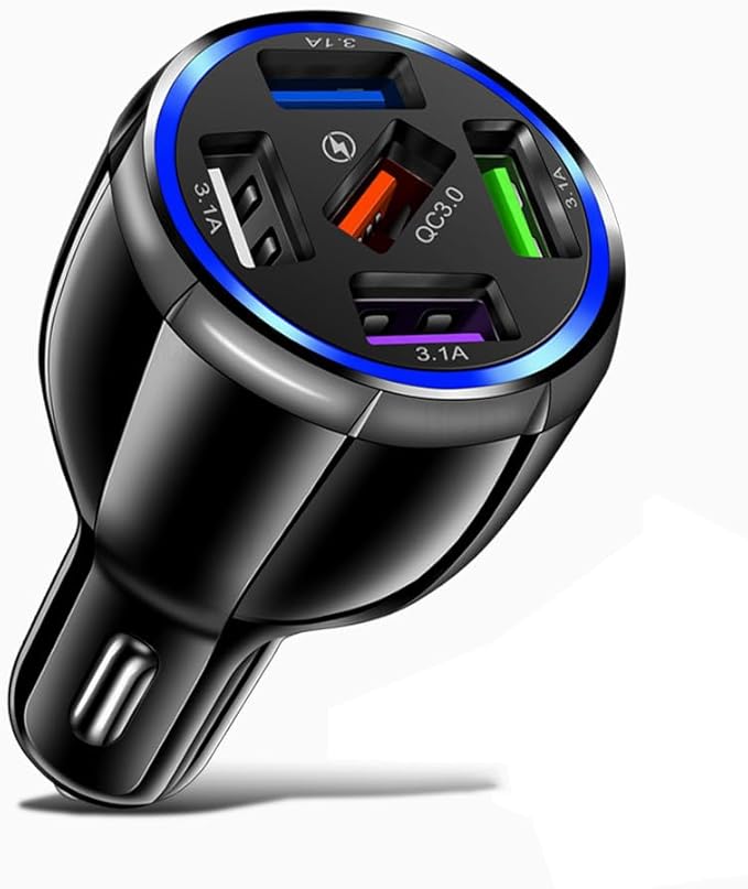 Car Charger Adapter, 5 Port QC3.0 Fast Charging Car Cigarette Lighter USB Charger, Compatible with iPhone, Android, Samsung, iPad Pro, and More (Black)