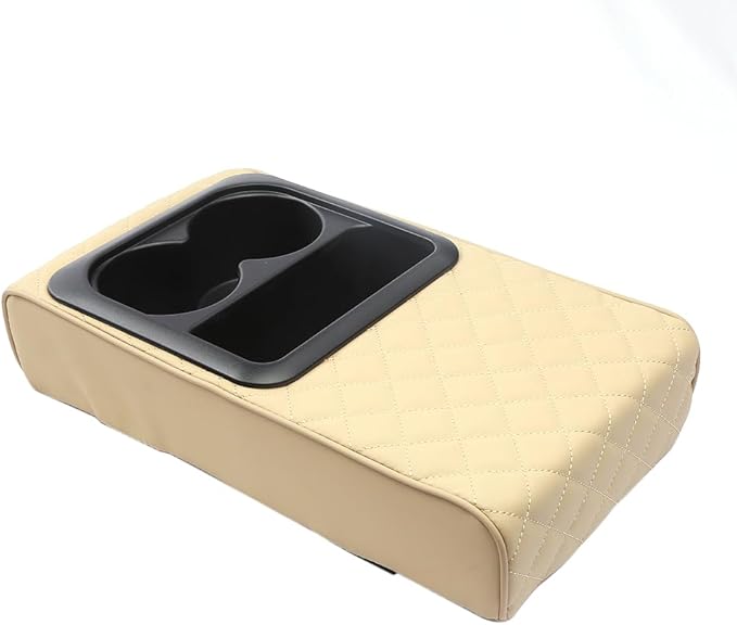 Supin Car Armrest Cushion - Multifunctional Faux Leather Armrest Cushion with Cup Holder, Phone Storage, and Ergonomic Design for All Seasons (Beige)