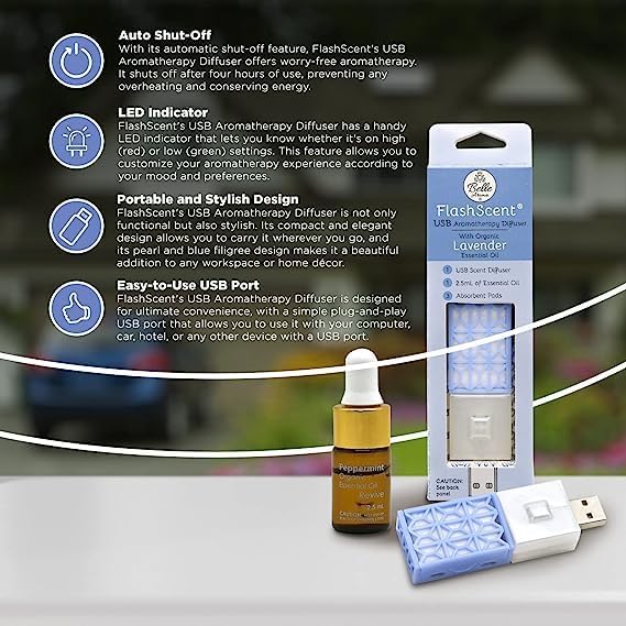 Belle Aroma® FlashScent™ USB Aromatherapy Bundle - for Car, Office, Home, and Travel - Includes 1 Serenity Blue Lavender Oil Diffuser Kit, 1 FlashScent Lavender Essential Oil, and 7 Refill Pads