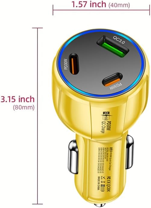 3-Port 90W USB C Car Charger, PD30W & QC3.0 Fast Car Charger Cigarette Lighter Plug Adapter for iPhone/Android/Samsung/iPad (Yellow)
