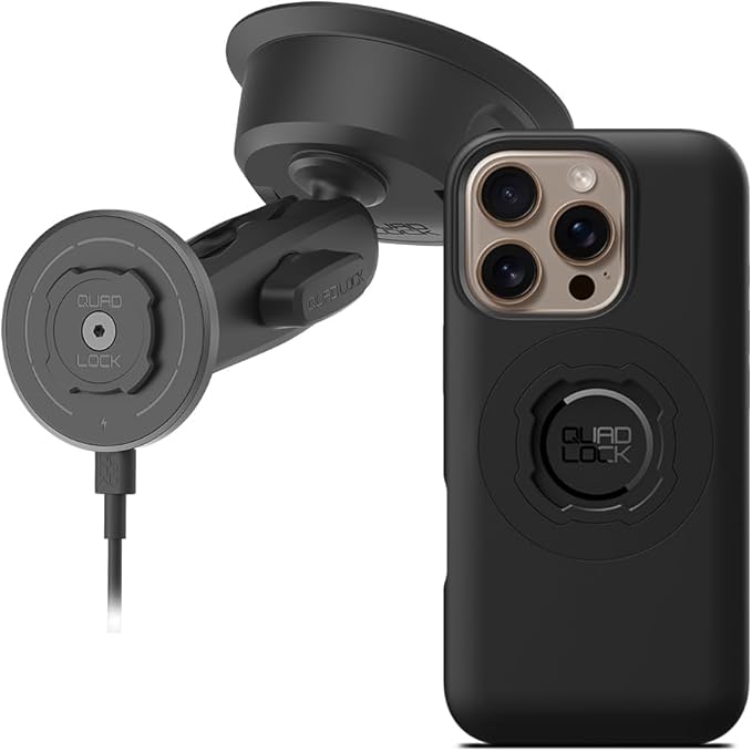Quad Lock Heavy Duty Suction Car Phone Mount with MAG Phone Case and MAG Wireless Charging Head for iPhone 16 Pro