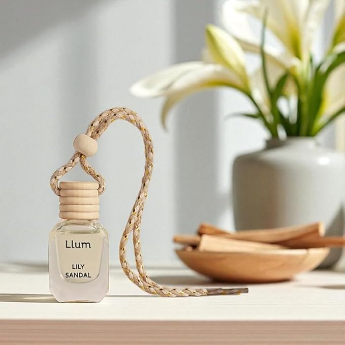Llum Lily Sandal Hanging Car Air Freshener – Luxury Automotive Perfume Diffuser 10ml (0.34 fl oz), Long-Lasting Fragrance, Alcohol-Free Non-Toxic Car Scent, Glass Bottle With Wood Cap & AC Vent Clip