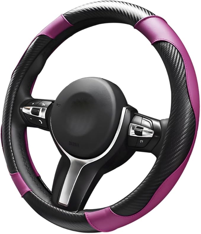 Car Steering Wheel Cover, 15 inch Carbon Fiber Microfiber Leather Elastic Steering Wheel Protector, Breathable Anti-Slip Comfortable Steering Wheel Covers for Most Cars (Black&Purple)