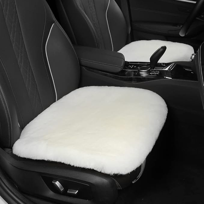 Genuine Sheepskin Auto Seat Pad, Soft Wool Seat Cover Breathable and Sweat-Wicking Universal Fit,19.2 inch x19.2 inch (Front seat Cushion 2pcs & Rear seat Cushion 1pc, Ivory White)