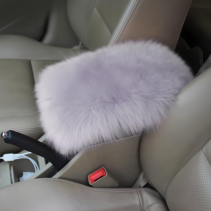 Furry Auto Center Console Cover Pad, 11.8"x7.8" Soft Sheepskin Wool Armrest Cushion, Fluffy Vehicle Armrest Seat Box Protector, Car Interior Accessories for Women Men (White/Black)