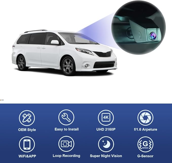 Fitcamx 4K Dash Cam for 2014-2016 Toyota Sienna LE XLE SE Limited Premium (12 Pin) HD2-6275, Integrated OEM Look, 2160P UHD Video, Built-in WiFi & APP, Loop Recording, G-Sensor, Plug & Play, 64GB Card