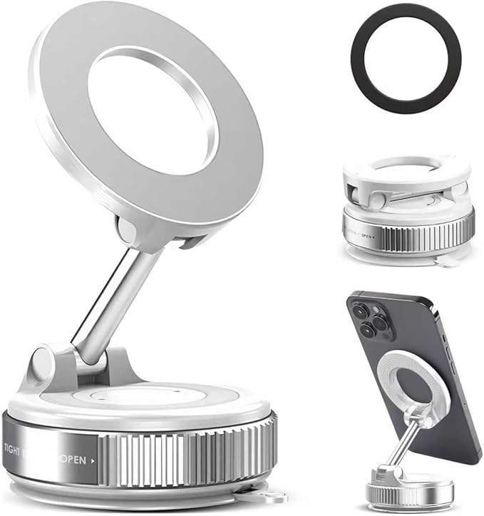 TENOC Magnetic Suction Car Phone Mount, 360° Rotation Phone Holder Mount, Foldable Cellphone Holders for Car/Gym/Shower/Mirror, White