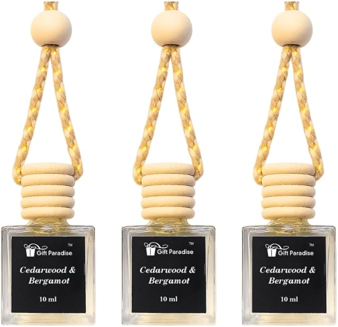 Gift Paradise® Cedarwood & Bergamot Car Air Freshener Set of 3, 10 ml Hanging Diffuser Bottles with Wooden Caps, Magnetic Gift Box, Woody Citrus Car Fragrance