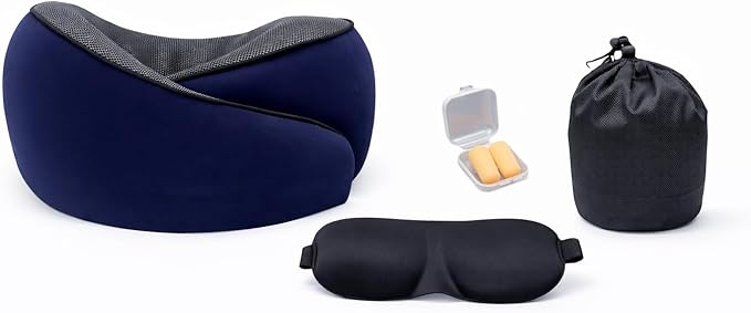 Neck Travel Pillow |100% Pure Memory Foam Neck Pillow Comfortable & Breathable Cover, Machine Washable for Travel, Airplane, Car Rides, & Home Use, Travel Kit with Eye Masks, Earplugs, & Bag (Blue)