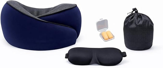 Neck Travel Pillow |100% Pure Memory Foam Neck Pillow Comfortable & Breathable Cover, Machine Washable for Travel, Airplane, Car Rides, & Home Use, Travel Kit with Eye Masks, Earplugs, & Bag (Blue)