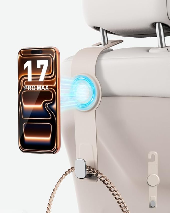 Car Headrest Hook with Swivel Magnet Phone Holder for Magsafe, 2-in-1 Double Hooks Hanger for Purse Bag, 360° Rotating Hands-Free Car Accessories for Handbag Coat Umbrella(1 Pack Milkshake White)