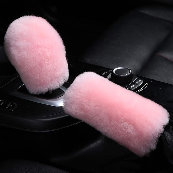 3Pcs/Set Pure Wool Fur Furry Steering Wheel Cover, Soft Fluffy Handbrake Cover Gear Shift Cover for Women Car SUV Truck Australia Sheepskin Accessories, Pink