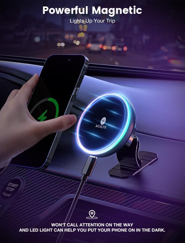 MOKPR for Magsafe Car Mount Charger-15W Wireless Car Charger-Magnetic Car Phone Holder for Dash Air Vent-LED RGB HandsFree Car Mount Fast Car Charger for iPhone 14/13/12 Series