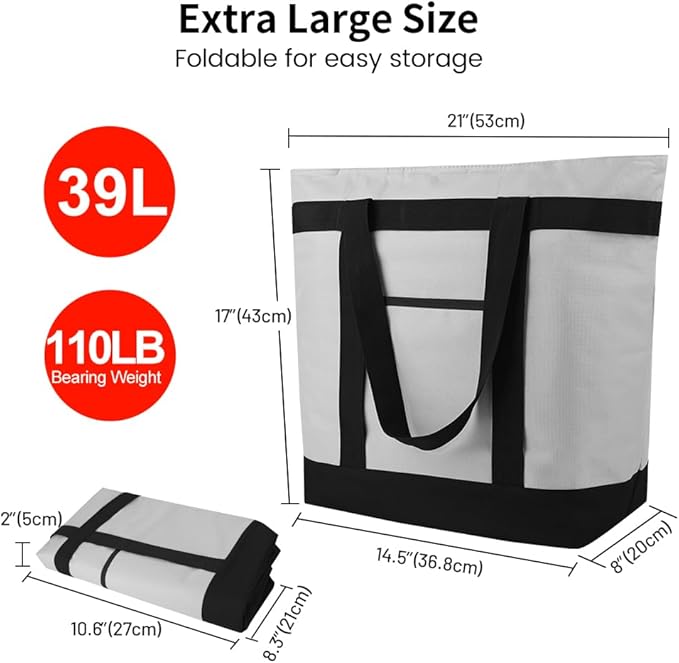 mosago Commercial Insulated Food Delivery Bag 39L, Heavy Duty Thermal Catering Tote with Zipper, Leakproof Hot & Cold Transport Bag for Restaurant & Professional Drivers, Grey