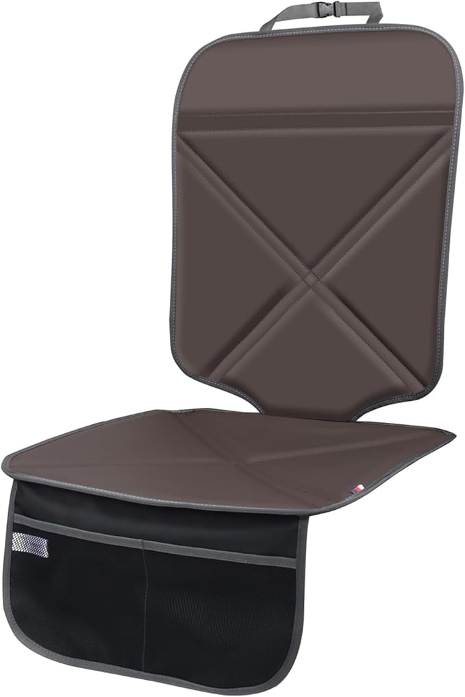 Car Seat Protector Leather Waterproof Child Safety Seat Protector Cover with Thick Pad and 2 Large Pockets Durable Kick Mat for All Auto Seat (Brown)