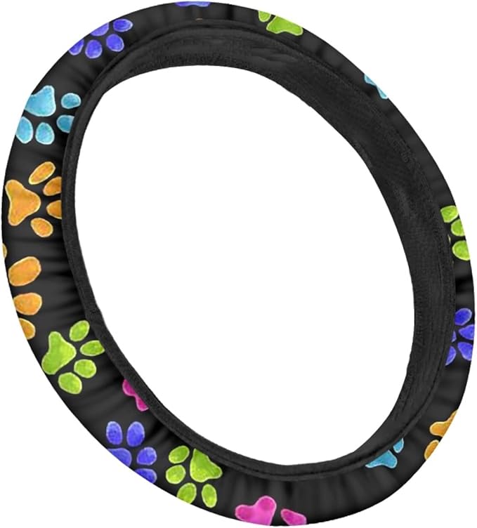 AFPANQZ Puppy Paw Prints Car Steering Wheel Covers Sweat Absorption Comfortable Grip Universal 14-15 inch Stretch-on Fabric Keep Warm Steering Wheel Protector for Women Gift Black Colored