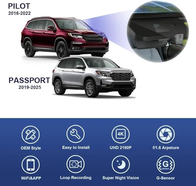 Fitcamx 4K Dash Cam Suitable for Honda Pilot 2016-2022 & Passport 2019-2025 Touring EX LX Elite Sport EXL (DZ-0337), OEM Look, UHD 2160P Video, WiFi & APP, Loop Recording, G-Sensor, Plug&Play, 64GB