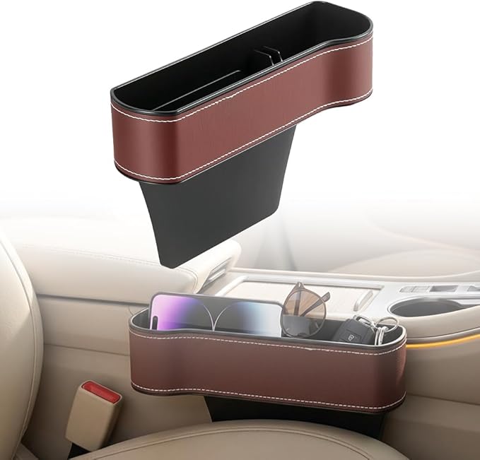 Car Seat Gap Filler Organizer, 2026 New Premium Leather Console Organizer for Holding Phone, Sunglasses, Auto Console Side Storage Box with Cup Holders 2 Seat Hooks for Drink (Brown, Passenger Seat)