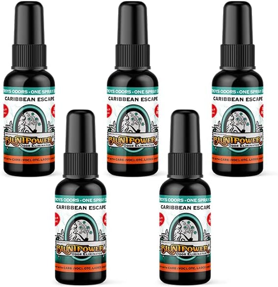 BluntPower (Caribbean Escape, 5 Pack) Concentrated Odor Eliminator and Diffuser Oil - Room Deodorizer, Odor Eliminator, and Smoke Eliminator Spray - Premium Oil Based Air Freshener & Odor Eliminator Spray