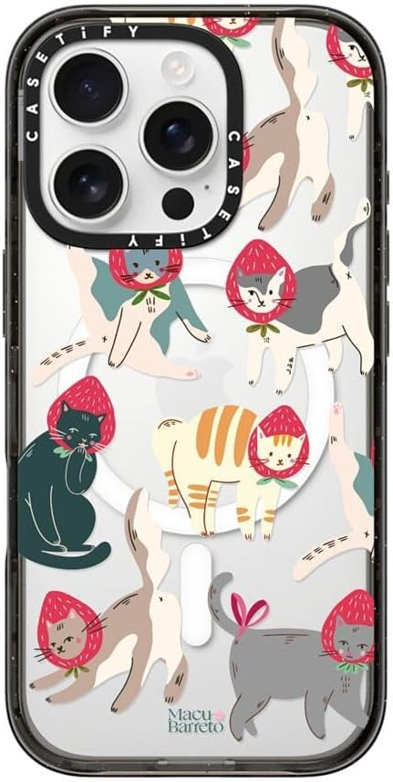 CASETiFY Impact Case for iPhone 16 Pro [8.2ft 4X Military Grade Drop Protection/Compatible with Magsafe] - Strawberry Cats - Clear Black