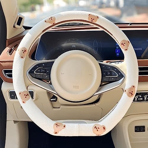 Wheel Cover Flax Microfiber Steering Wheel Covers for Women Fit 15 inch Car Cute Bow Tie Anti-Slip Breathable Absorbing Sweat Cover (Type-D-Bear)