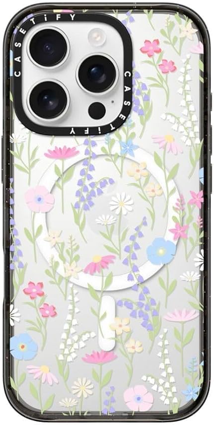CASETiFY Impact Case for iPhone 16 Pro [Slim / 8.2 ft. 4X Military Grade Drop Protection/Compatible with Magsafe] - Pink Pastel Cute Floral - Clear Black