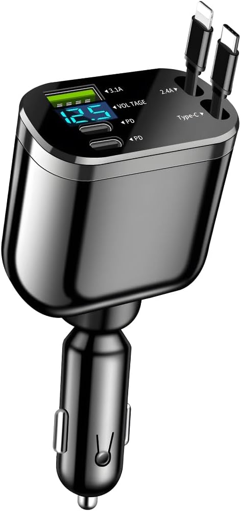 Ankuee Retractable Car Charger, 4 in 1 Super Fast Vehicle Phone Charger Adapter, Auto Cellphone Charging Accessories with Dual Type C Cables & 2 USB Ports, Universal for SUV, Sedan, Truck