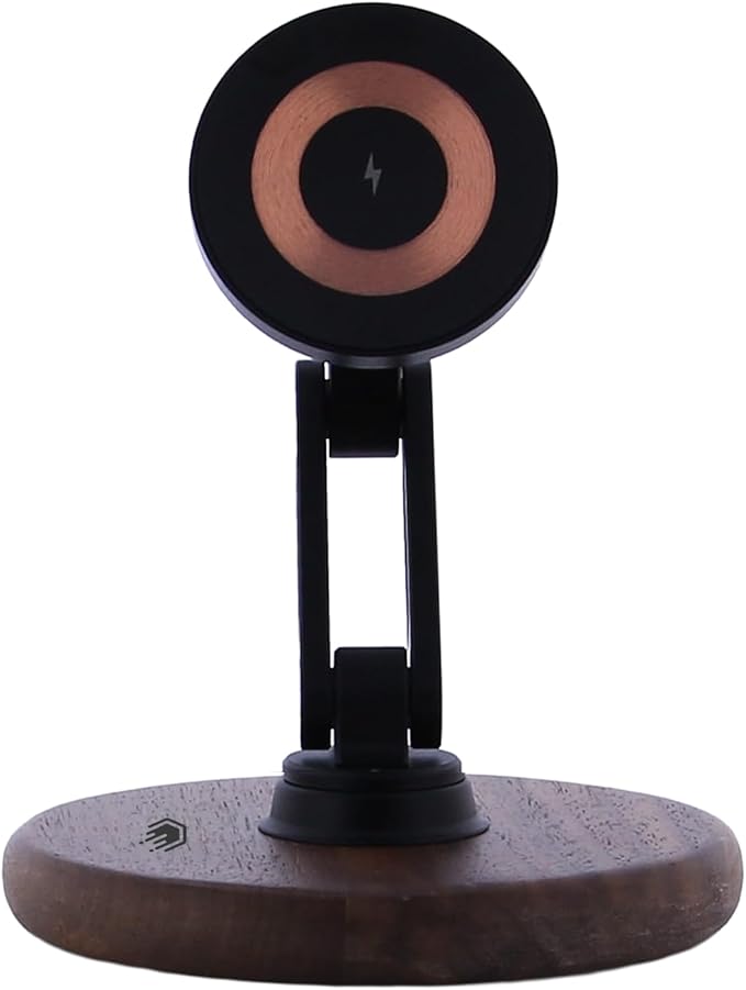 ClikDock Cell Phone Magnetic Wireless Charger Stand, 360° Spin, Aluminum Construction, Compatible with MagSafe Phones for iPhone & Andriod (Walnut Wood)